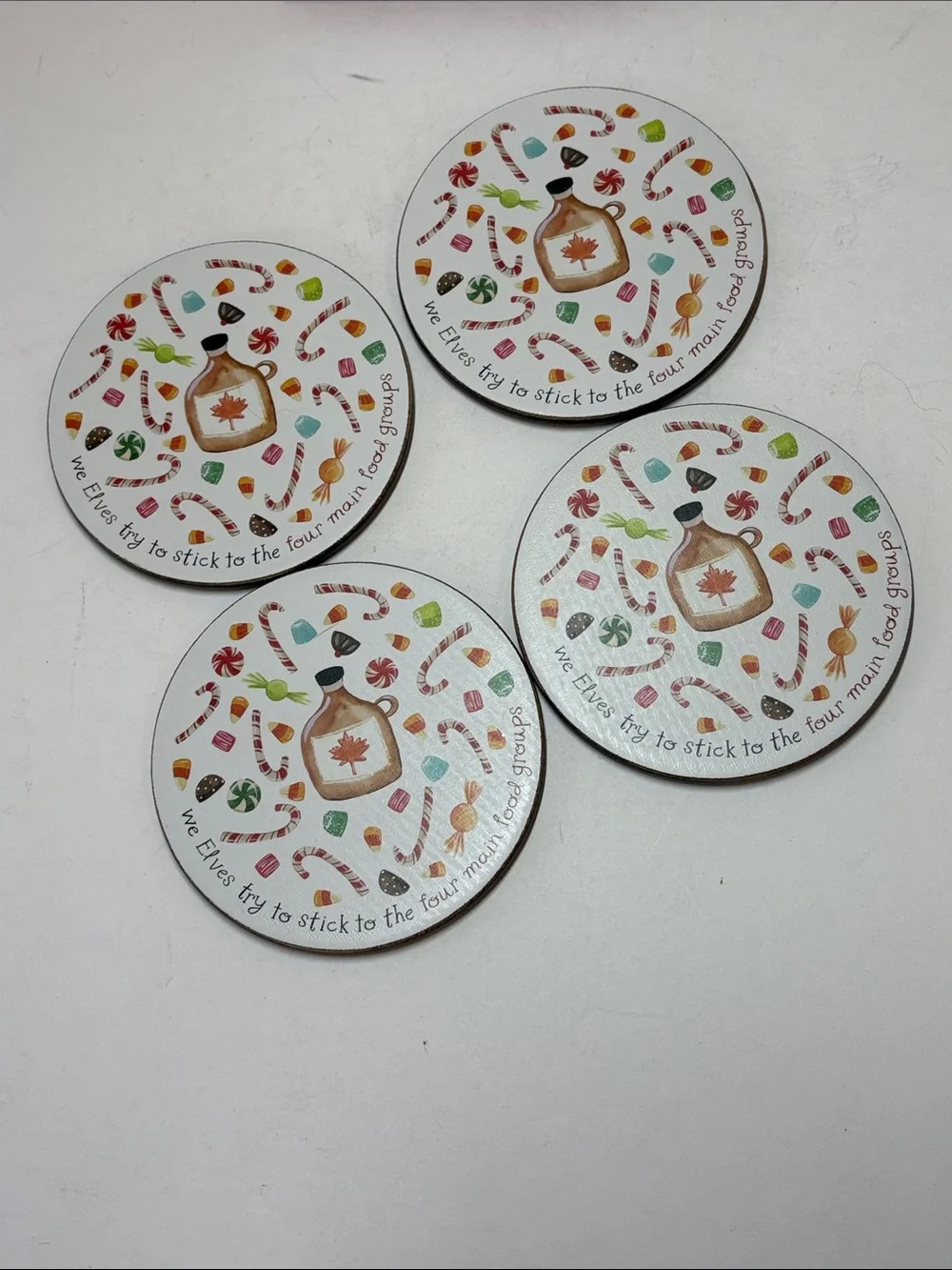 Pottery Barn Holiday Elf Coaster Set - White with Red, Green, Orange Accents